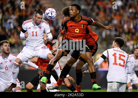 Brussels, Belgium, 22 September 2022, Belgium's Lois Openda and Welsh Gareth Bale fight for the ball during a soccer game between Belgian national team the Red Devils and Wales, Thursday 22 September 2022 in Brussels, game 5 (out of six) in the Nations League A group stage. BELGA PHOTO LAURIE DIEFFEMBACQ Stock Photo