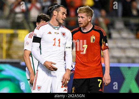 Brussels, Belgium, 22 September 2022, Welsh Gareth Bale and Belgium's Kevin De Bruyne pictured during a soccer game between Belgian national team the Red Devils and Wales, Thursday 22 September 2022 in Brussels, game 5 (out of six) in the Nations League A group stage. BELGA PHOTO LAURIE DIEFFEMBACQ Stock Photo