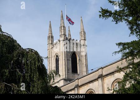 Windsor, Berkshire, UK. 22nd September, 2022. The Union Jack flag remains at half mast on Windsor Parish Church following the death of Her Majesty the Queen. Credit: Maureen McLean/Alamy Live News Stock Photo