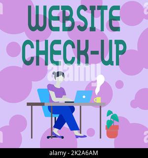 Hand writing sign Website Check Up. Business showcase an examination of a website to see if something is in order Woman Sitting With Laptop Back View Actively Accomplishing Work From Home Stock Photo