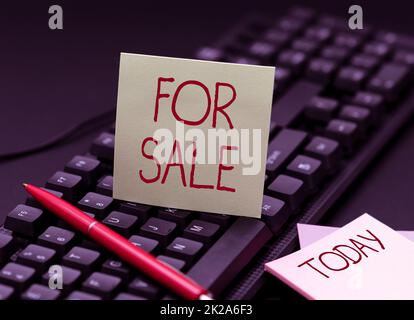 Text sign showing For Sale. Business concept putting property house vehicle available to be bought by others Copying Old Ideas And Creating New Ones, Transferring Written Notes Stock Photo