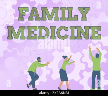 Hand writing sign Family Medicine. Word Written on designed to provide basic healthcare to family members Colleagues Carrying Cogwheels Arranging New Workflow Achieving Teamwork. Stock Photo