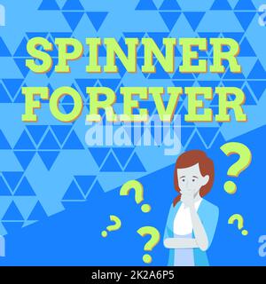 Hand writing sign Spinner Forever. Word for stress reliever for showing who tend to fidget Flat top Lady Drawing Brainstorming New Solutions Surrounded With Question Marks. Stock Photo