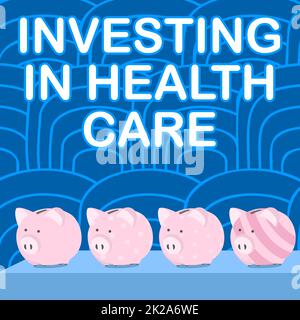 Writing displaying text Investing In Health Care. Word Written on Make investments in wellbeing medical insurance Multiple Piggy Bank Drawing On Table With Striped Background. Stock Photo