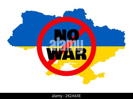 No war concept with prohibition sign on Ukraine map background of the map of Ukraine painted in the colors of the national flag. Stop war and military attack in Ukraine poster. Vector illustration. Stock Photo