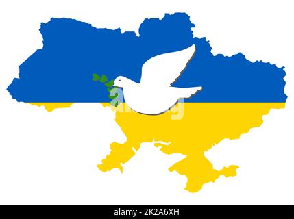 The map of Ukraine is colored in the colors of the national state flag and a dove flying over the country with a olive branch of the peace. Stop world war vector concept. Peace to the Ukrainian people Stock Photo