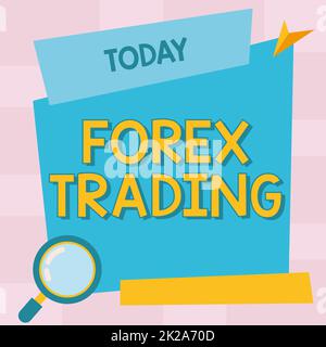 Sign displaying Forex Trading. Business approach exchange of currencies between two or more countries Magnifying Glass Drawing Searching Evidence In Blank Billboard. Stock Photo