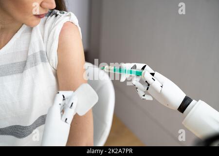 Robot Doctor Injecting Patient Arm Stock Photo