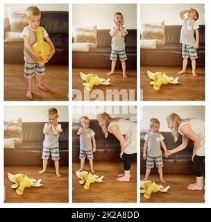 It was an accident.... Composite shot of a mother scolding her little son for breaking a vase at home. Stock Photo