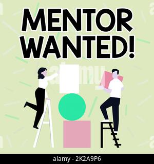 Conceptual display Mentor Wanted. Word for finding someone who can guide oneself to attain success Couple Drawing Using Ladder Placing Big Empty Picture Frames To A Wall. Stock Photo