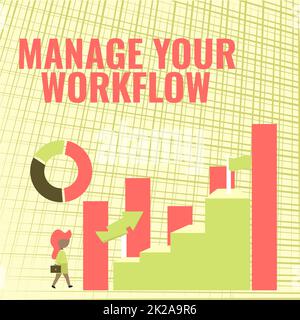 Text caption presenting Manage Your Workflow. Business idea Workforce organization and management to boost office productivity Business Woman Walking Towards Large Graph Showing Performance Stock Photo