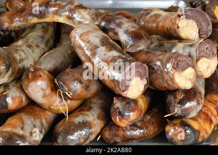Qazı is a traditional sausage food from horse meat. Sold in Kyrgyzstan. Central market in Bishkek. Osh open air market Stock Photo