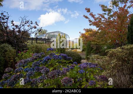 The outside of the tropical house surrounded by summer flowers Inverness Botanic Gardens, Inverness, Scotland UK Stock Photo