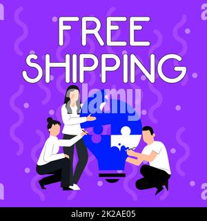 Conceptual caption Free Shipping. Word Written on retailing strategy primarily used to attract more customers Employee Drawing Helping Each Other Building Light Bulb Jigsaw Puzzle. Stock Photo