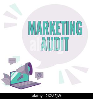 Sign displaying Marketing Audit. Word Written on examination and analysis of the marketing activities Laptop Drawing Sharing Comments And Reactions At Chat Cloud Over Megaphone. Stock Photo