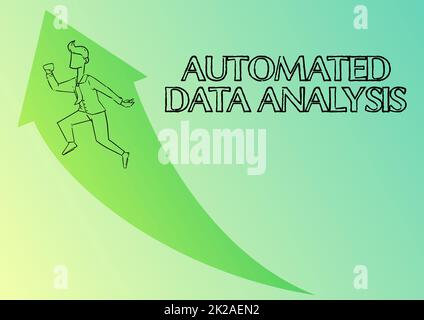 Text sign showing Automated Data Analysis. Business approach Artificial intelligence and deep learning technology Illustration Of Happy Businessman Running Up With Arrow Got His Promotion. Stock Photo