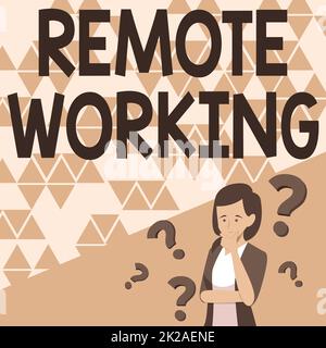 Conceptual display Remote Working. Business concept style that allows professionals to work outside of an office Lady Drawing Brainstorming New Solutions Surrounded With Question Marks. Stock Photo