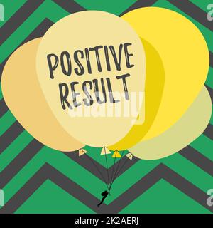 Conceptual caption Positive Result. Business showcase shows that a person has the disease, condition, or biomarker Man Holding Colorful Balloons Drawing Flying Around Striped Background. Stock Photo