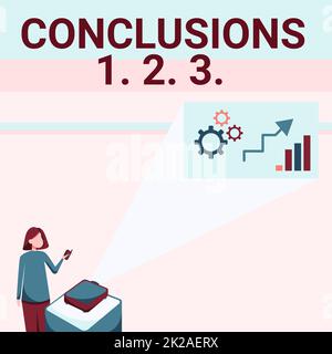 Text showing inspiration Conclusions 1. 2. 3.. Business approach Lists of Suppositions Numbers of presumptions Lady Standing Holding Projector Remote Control Presenting Graph Growth. Stock Photo