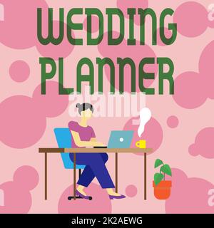 Text caption presenting Wedding Planner. Concept meaning Wedding Planner Woman Sitting With Laptop Back View Actively Accomplishing Work From Home Stock Photo