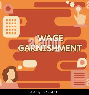 Sign displaying Wage Garnishment. Conceptual photo Wage Garnishment Woman Innovative Thinking Leading Ideas Towards Stable Future. Stock Photo