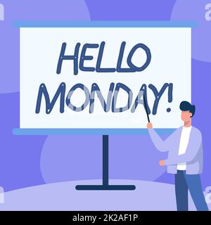 Inspiration showing sign Hello Monday. Business concept Greeting Positive Message for a new day Week Starting Teacher In Jacket Drawing Standing Pointing Stick At Whiteboard. Stock Photo