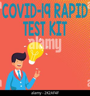 Handwriting text Rapid Test Kit. Business overview Emergency medical diagnostic equipment that deliver fast results Gentleman Drawing Standing Having New Idea Presented With Light Bulb. Stock Photo