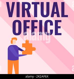 Conceptual display Virtual Office. Business overview Virtual Office Business Man Holding Jigsaw Puzzle Piece Unlocking New Futuristic Technologies Stock Photo