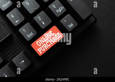 Conceptual caption Online Purchase. Business overview consumers directly buy goods from a seller over the Internet Retyping Download History Files, Typing Online Registration Forms Stock Photo