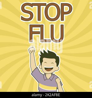 Text caption presenting Stop Flu. Business idea Treat the contagious respiratory illness caused by influenza virus Cheerful Man Enjoying Accomplishment With Spiral Background Raising Hand. Stock Photo