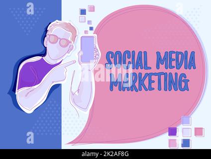 Text showing inspiration Social Media Marketing. Word Written on use of Website and Network to promote Product Service Line Drawing For Guy Holding Phone Presenting New Ideas With Speech Bubble. Stock Photo