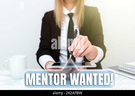 Hand writing sign Mentor Wanted. Word Written on finding someone who can guide oneself to attain success Presenting Corporate Business Data, Discussing Company Problems Stock Photo