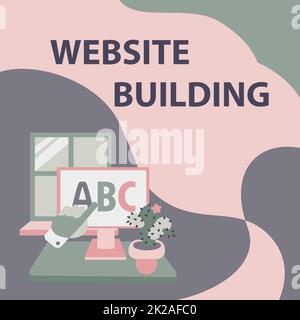 Hand writing sign Website Building. Conceptual photo Website Building Hand Showing Letters Pointing Web Browser Screen With Cactus On Side. Stock Photo