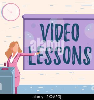 Handwriting text Video Lessons. Conceptual photo Video Lessons Lady Drawing Standing Holding Projector Remote Control Presenting Pie Charts Stock Photo