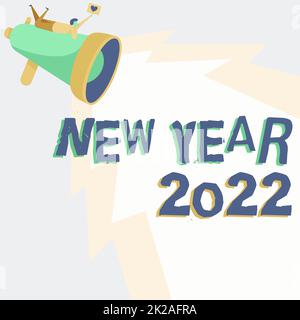 Conceptual caption New Year 2022. Word Written on Greeting Celebrating Holiday Fresh Start Best wishes Man Drawing On Megaphone Producing Lighting Making Lovely Message. Stock Photo