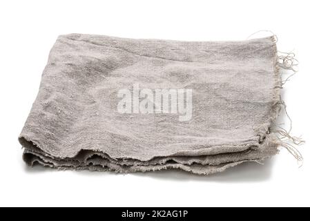 folded gray linen tea towel on white background, close up Stock Photo