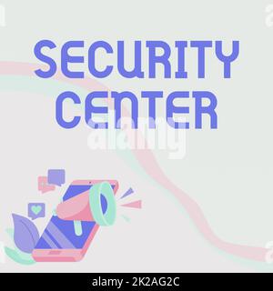 Text caption presenting Security Center. Business concept centralized unit that deals with security issues of company Phone Drawing Sharing Comments And Reactions Through Megaphone. Stock Photo