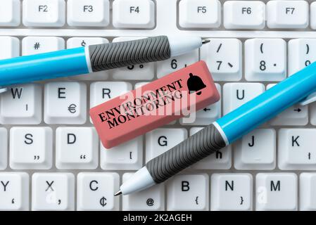 Handwriting text Environment Monitoring. Internet Concept basis of production of natural impact assessments Downloading Online Files And Data, Uploading Programming Codes Stock Photo