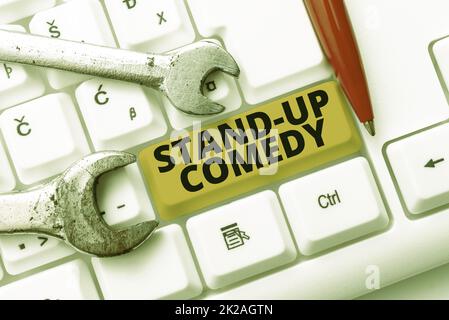 Writing displaying text Stand up Comedy. Business overview a comic style where a comedian recites humorous stories Abstract Fixing Internet Problem, Maintaining Online Connection Stock Photo