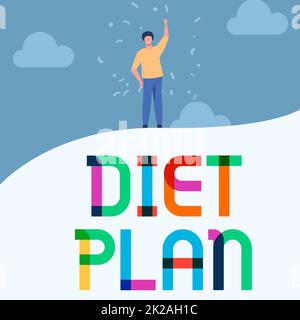 Text caption presenting Diet Plan, Word Written on amount of food are planned out to achieve a specific weight Man Drawing Raising Hand Sky Standing H Stock Photo