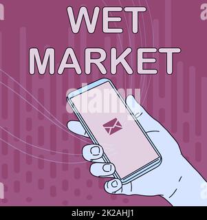 Text sign showing Wet Market, Business approach market selling fresh meat fish produce and other perishable goods Hand Holding Mobile Device With Blan Stock Photo