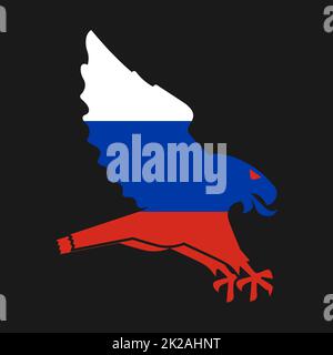 An attacking eagle symbolizing the aggressive, militant Russian Federation under Putin's rule. The predatory bird swoop and attack down trying to grab prey with sharp claws. Conceptual flag of Russia. Stock Photo