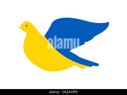 Flying dove symbolizing free Ukraine country. The concept is a fluttering bird painted in the colors of the national Ukrainian flag. Symbol of independence. Vector illustration on white background. Stock Photo