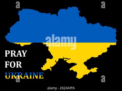 Vector Illustration of the Pray for Ukraine. Concept save Ukraine from Russia and please stop war. Ukrainian map in the color of the flag. Pray For Ukraine peace. The whole world praying for Ukraine. Stock Photo
