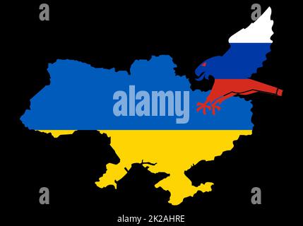 Russia in the form of an eagle attacked Ukraine country map. Conception for aggression, occupation and genocide by a neighboring state towards Ukraine. Pray For Ukraine peace. Save Ukraine from Russia Stock Photo