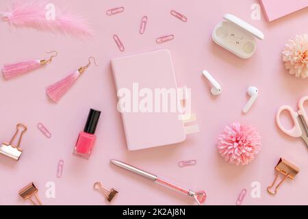 Hardcover notebook and Pink school girly accessories on pastel pink Top view, mockup Stock Photo