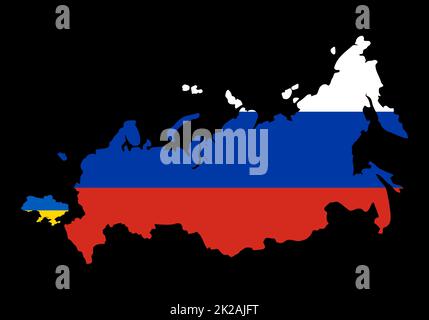 Big Russia versus small Ukraine. Compare sizes of countries map on world map. Borders of Russia and Ukraine. Representation of limits on the possibility of war. Russia started massive attack Ukraine. Stock Photo