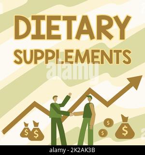Writing displaying text Dietary Supplements, Word Written on product intended to supplement the diet taken orally Two Men Standing Shaking Hands With Stock Photo