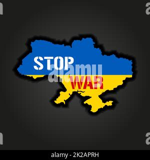 Stop war concept with prohibition sign on Ukraine map background of the map of Ukraine painted in the colors of the national flag. No war and military attack in Ukraine poster. Vector illustration. Stock Photo