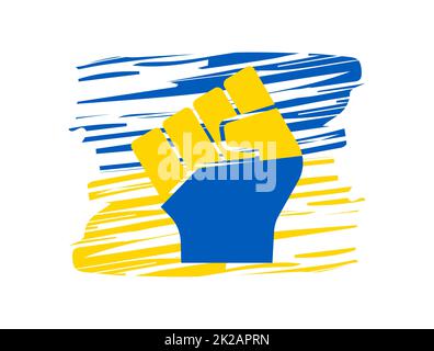 Human fist colored in national flag on Ukraine flag paint background. Concept of resistance. Stop war between Russia and Ukraine. Solidarity with Ukraine and Ukrainian patriots. Pray for Ukraine. Stock Photo